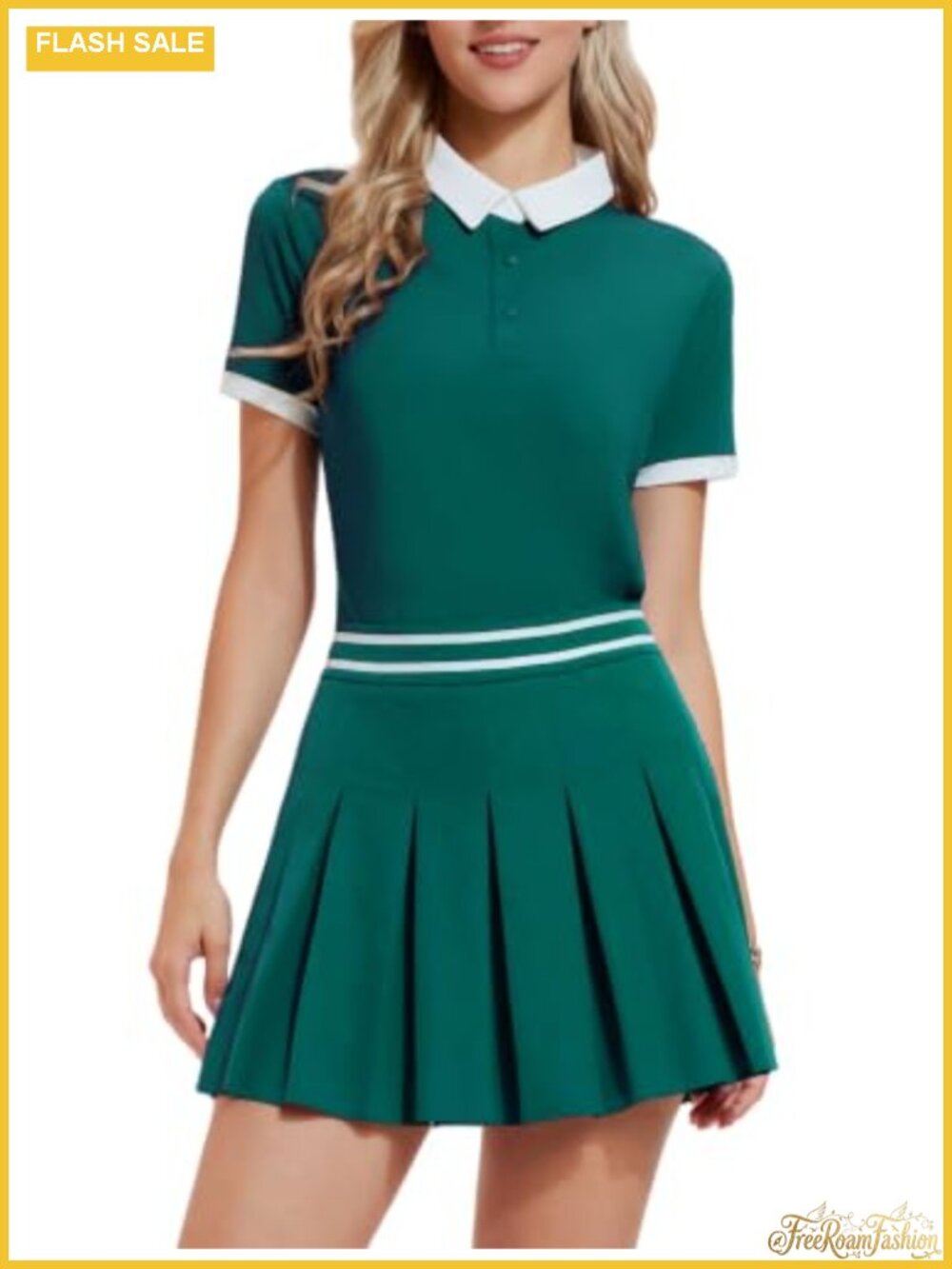 Women's 2-Piece Athleisure Tennis Skirt Set - Polo Golf Dress with Pleated Skirt